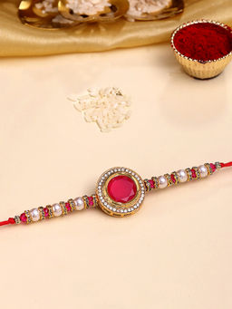 Karatcart - Gold Plated Pink Polki Kundan Bhaiya Rakhi with Roli & Chawal
