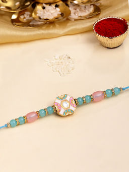 Karatcart - Gold Plated Multi-Color Kundan Bhaiya Rakhi with Roli & Chawal