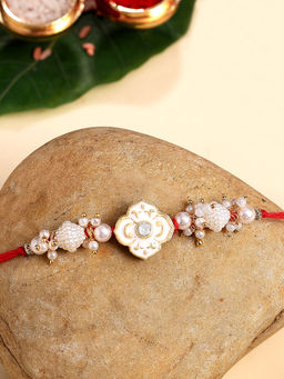 Karatcart - Gold Plated White Meena Floral Kundan Bhaiya Rakhi with Roli & Chawal