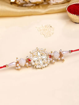 Karatcart - Gold Plated White Meena and Pearl Floral Kundan Bhaiya Rakhi with Roli & Chawal