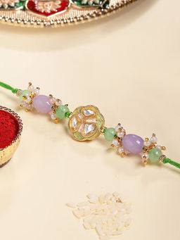 Karatcart - Multi-Color Gold Plated Beads Kundan Bhaiya Rakhi with Roli & Chawal