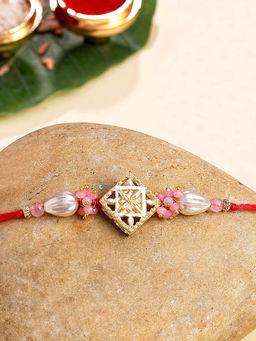 Karatcart - Multi-Color Gold Plated Crystal and Pearl Kundan Bhaiya Rakhi with Roli & Chawal