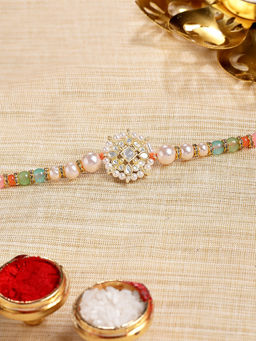 Karatcart - Gold Plated Multi-Color Beads Floral Kundan Bhaiya Rakhi with Roli & Chawal