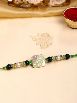 Karatcart - Gold Plated Green Beads Kundan Bhaiya Rakhi with Roli & Chawal