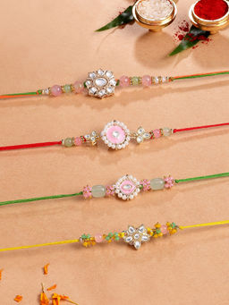 Karatcart - Multi-Color Floral Kundan Beaded Rakhi with Roli & Chawal (Pack of 4)