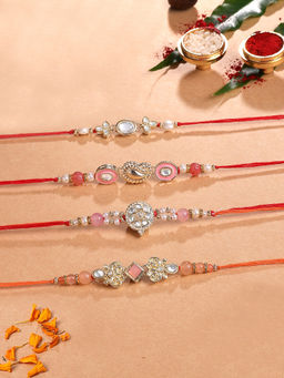Karatcart - Multi-Color Pearl Beaded Kundan Rakhi with Roli & Chawal (Pack of 4)