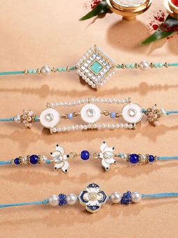 Karatcart - Blue Enamel Floral Design Kundan Rakhi with Roli & Chawal (Pack of 4)