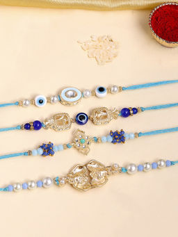 Karatcart - Blue and White Kundan Rakhi with Roli & Chawal (Pack of 4)