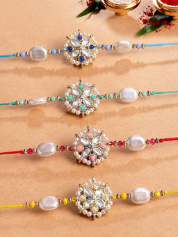 Karatcart - Multi-Color Floral Design Kundan Rakhi with Roli & Chawal (Pack of 4)