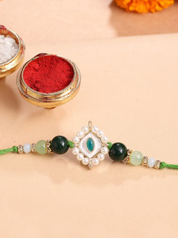 Karatcart - Gold Plated Green Evil Eye Kundan Bhaiya Rakhi with Roli & Chawal