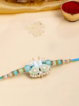 Karatcart - Gold Plated Light Blue and Green Meena Kundan Bhaiya Rakhi with Roli & Chawal