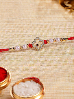 Karatcart - Gold Plated White American Diamond Bhaiya Kundan Rakhi with Roli & Chawal