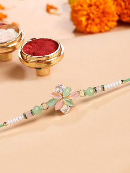 Karatcart - Multi-Color Rhinestones Floral Bhaiya Kundan Rakhi with Roli & Chawal