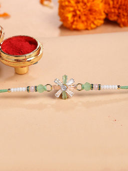 Karatcart - Multi-Color Rhinestones Floral Bhaiya Kundan Rakhi with Roli & Chawal