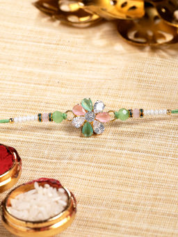 Karatcart - Multi-Color Rhinestones Floral Bhaiya Kundan Rakhi with Roli & Chawal