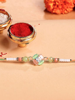 Karatcart - Multi-Color Rhinestones Bhaiya Kundan Rakhi with Roli & Chawal