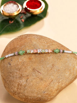 Karatcart - Multi-Color Rhinestones Bhaiya Kundan Rakhi with Roli & Chawal