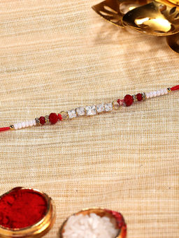 Karatcart - White Crystal and Rhinestones Bhaiya Kundan Rakhi with Roli & Chawal