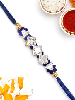 Karatcart - White Crystal and Rhinestones Bhaiya Kundan Rakhi with Roli & Chawal