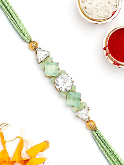 Karatcart - Lime Green Rhinestones Bhaiya Kundan Rakhi with Roli & Chawal