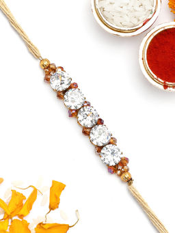 Karatcart - White Crystal and Rhinestones Bhaiya Kundan Rakhi with Roli & Chawal