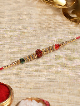 Karatcart - Multi-Color Gold Plated Rudraksha Bhaiya Kundan Rakhi with Roli & Chawal