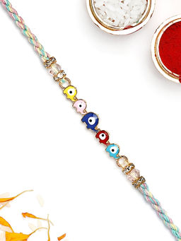 Karatcart - Multi-Color Evil Eye Elephant Bhaiya Kundan Rakhi with Roli & Chawal