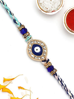 Karatcart - Gold Plated Blue Evil Eye & American Diamond Bhaiya Kundan Rakhi with Roli & Chawal