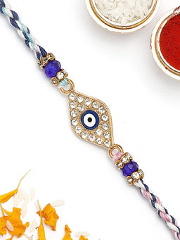 Karatcart - Gold Plated Blue American Diamond Evil Eye Bhaiya Kundan Rakhi with Roli & Chawal