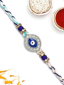 Karatcart - Silver Plated Blue Evil Eye & American Diamond Kundan Rakhi with Roli & Chawal
