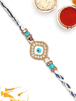 Karatcart - Gold Plated Blue American Diamond Square Evil Eye Kundan Rakhi with Roli & Chawal