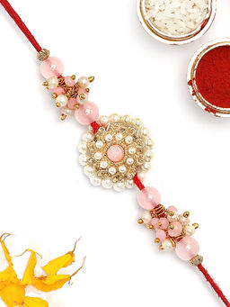 Karatcart - Gold Plated Pink Crystal Kundan Bhaiya Rakhi with Roli & Chawal