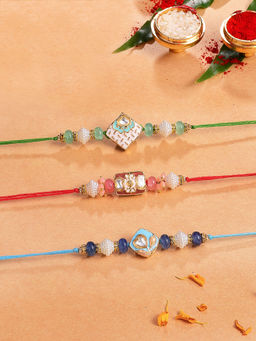 Karatcart - Multi-Color Pastel Enamel Kundan Rakhi with Roli & Chawal (Pack of 3)