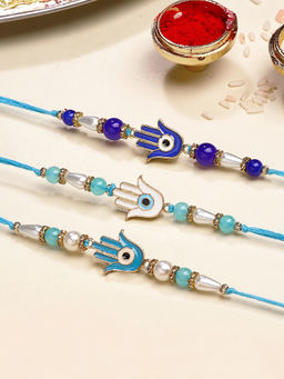 Karatcart - Blue Enamel Hamsa Hand Evil Eye Kundan Rakhi with Roli & Chawal (Pack of 3)