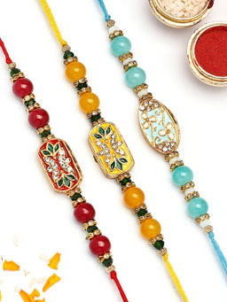 Karatcart - Multi-Color Enamel Floral Kundan Rakhi with Roli & Chawal (Pack of 3)