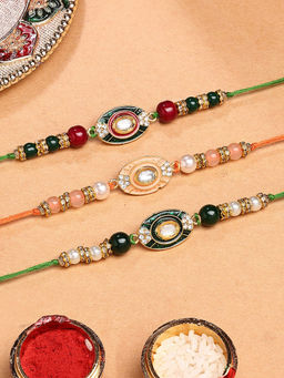 Karatcart - Multi-Color Enamel Floral Kundan Rakhi with Roli & Chawal (Pack of 3)