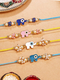 Karatcart - Multi-Color Elephant Design Kundan Rakhi with Roli & Chawal (Pack of 4)