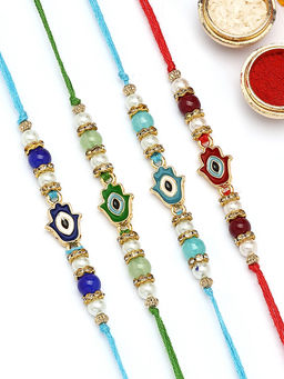 Karatcart - Multi-Color Hamsa Hand Evil Eye Kundan Rakhi with Roli & Chawal (Pack of 4)