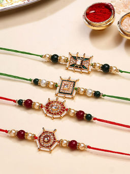 Karatcart - Multi-Color Floral Design Kundan Rakhi with Roli & Chawal (Pack of 4)