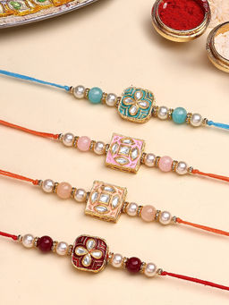 Karatcart - Multi-Color Square Floral Enamel Kundan Rakhi with Roli & Chawal (Pack of 4)