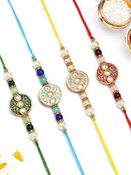Karatcart - Multi-Color Round Floral Enamel Kundan Rakhi with Roli & Chawal (Pack of 4)