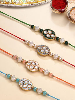 Karatcart - Multi-Color Oval Floral Enamel Kundan Rakhi with Roli & Chawal (Pack of 4)