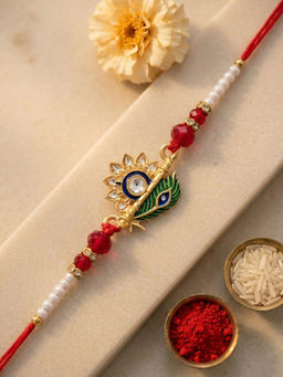 Karatcart - Multi-Color Gold Plated Peacock Feather Floral Enamel Kundan Rakhi with Roli & Chawal