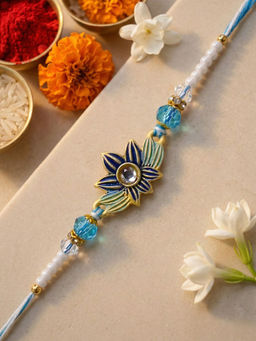 Karatcart - Gold Plated Light Blue Meenakari Floral Kundan Bhaiya Rakhi with Roli & Chawal