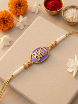 Karatcart - Gold Plated Purple Meenakari BRO Letter Bhaiya Kundan Rakhi with Roli & Chawal