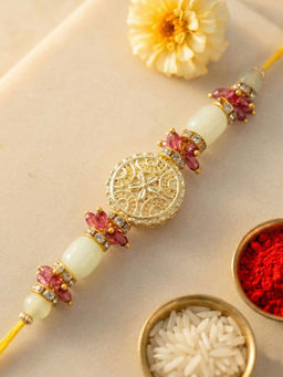 Karatcart - Multi-Color Gold Plated Crystal Kundan Bhaiya Rakhi with Roli & Chawal
