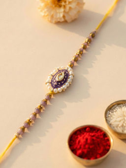 Karatcart - Gold Plated Purple Meena Oval Kundan Bhaiya Rakhi with Roli & Chawal