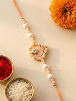 Karatcart - Gold Plated Peach Heart Enamel Kundan Bhaiya Rakhi with Roli & Chawal