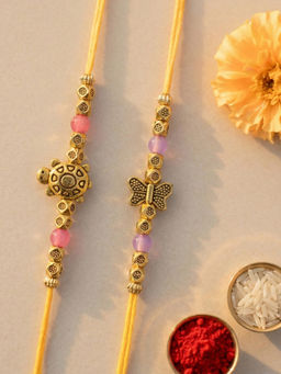 Karatcart - Multi-Color Turtle Butterfly Kundan Rakhi with Roli Chawal (Pack of 2)