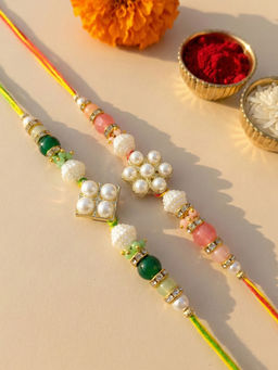 Karatcart - Multi-Color Pearl Beads Floral Kundan Rakhi with Roli & Chawal (Pack of 2)